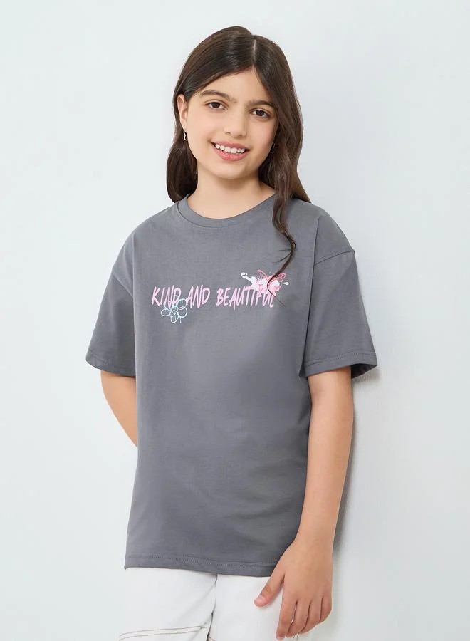 Styli Girls Grey Graphic Print Cotton T-Shirt